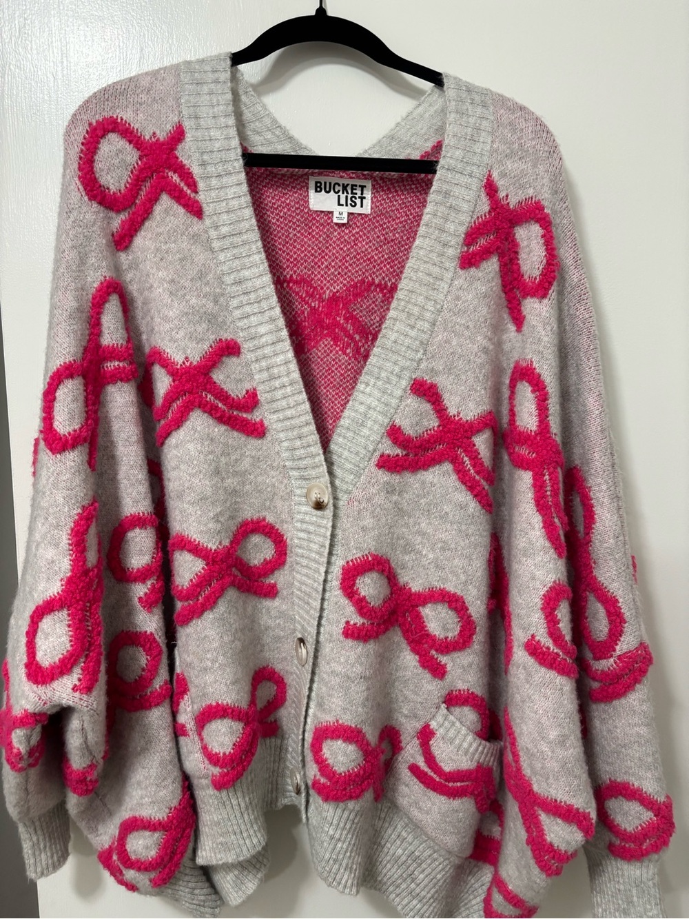 BUCKETLIST Gray Cardigan with Hot Pink Bows
